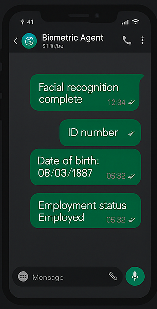 Screenshot of Biometric Agent Chatbot interface showing WhatsApp integration for identity validation